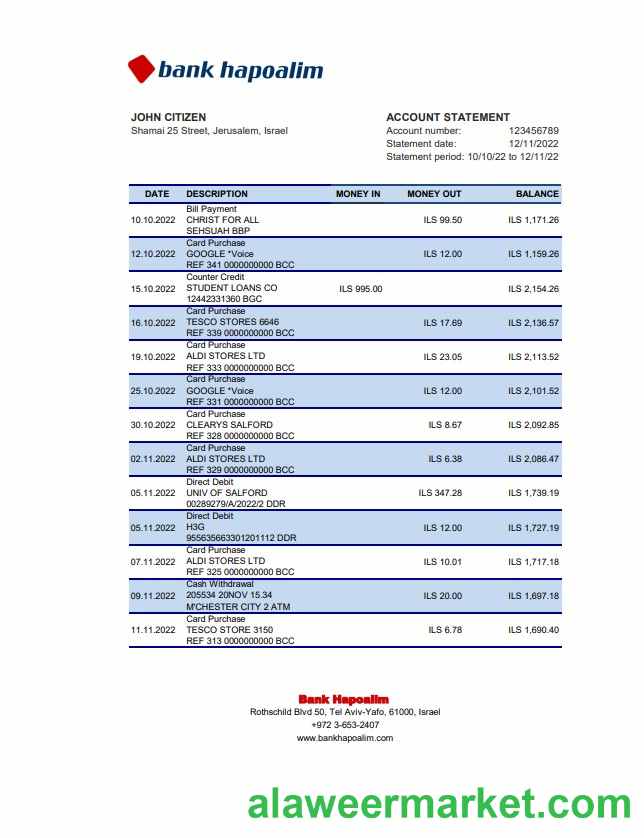 Israel Hapoalim bank statement Excel and PDF template